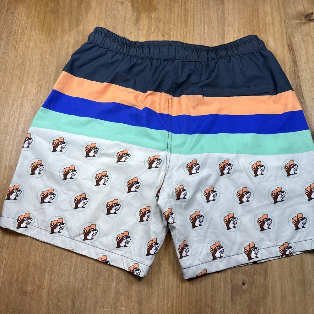 Buc-ees Swim Shorts Mens Medium 7" Inseam Multicolor Striped Beaver Logo Print - Picture 9 of 10